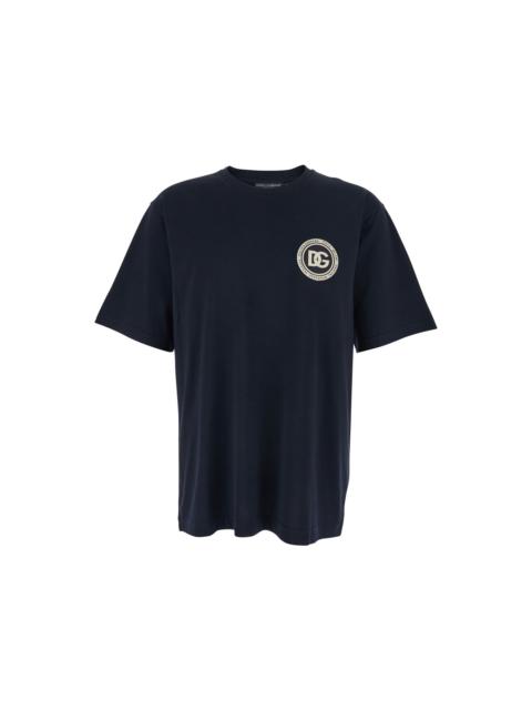 Dolce & Gabbana Blue Crewneck T-shirt With Logo Embroidery On The Front In Cotton Man
