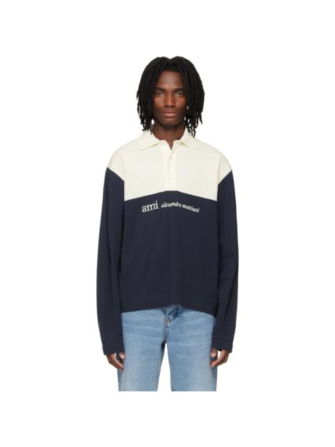AMI Paris Off White & Navy Embroidery Boxy Fit Polo