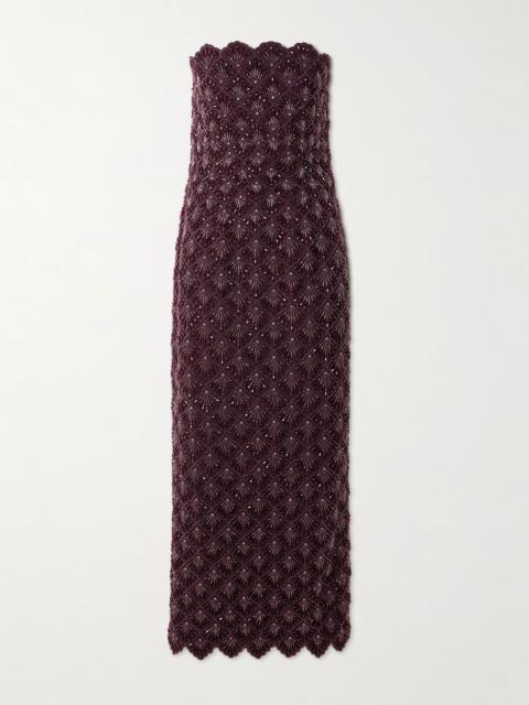 CLIO PEPPIATT Ariel strapless scalloped embellished satin gown Plum