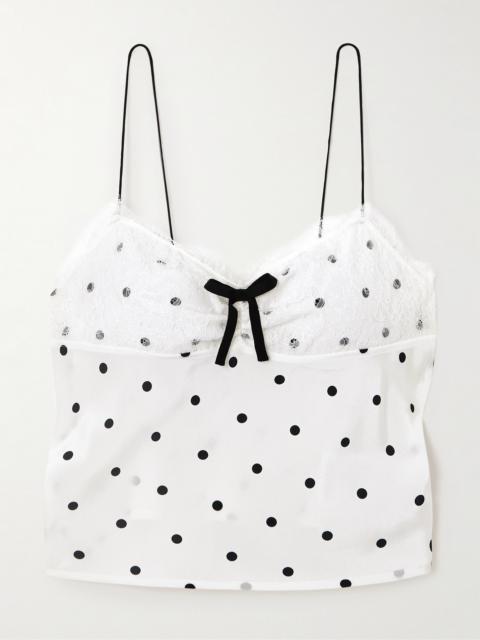 Alessandra Rich Bow-embellished Lace-trimmed Flocked Polka-dot Silk-georgette Top