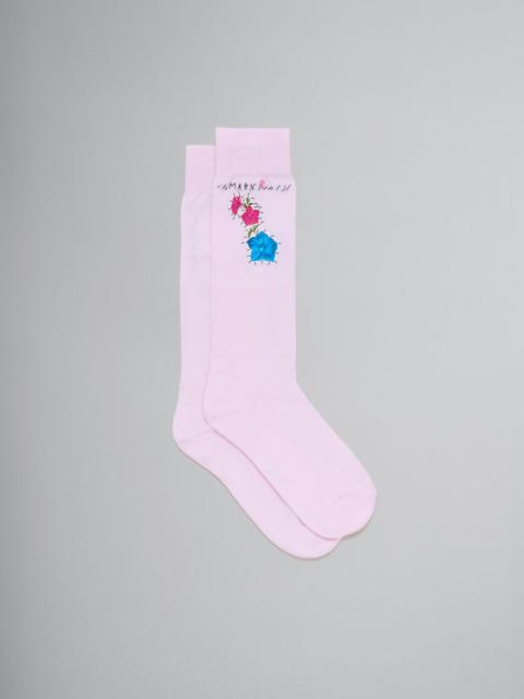 Marni PINK COTTON SOCKS WITH FLOWER PATCHES
