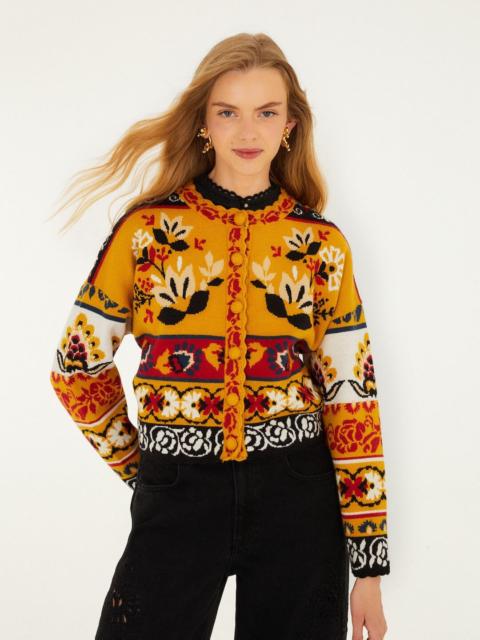 FARM RIO Multicolor Folk Stitched Knit Cardigan