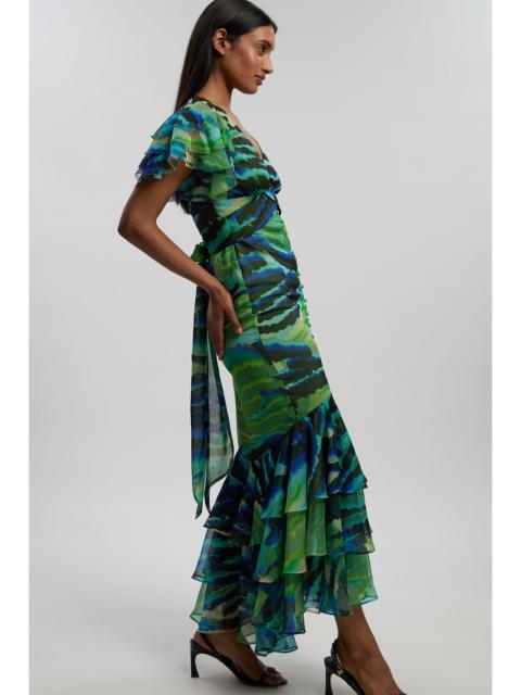 KAREN MILLEN Animal Ruffle Sleeve Button Through Maxi Dress