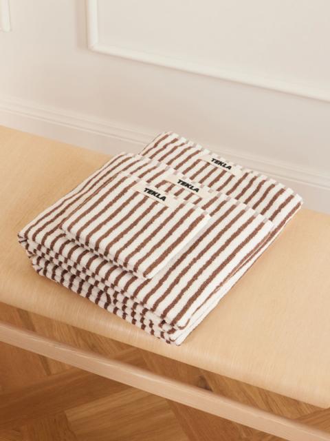 TEKLA Set of three striped organic cotton-terry towels Brown