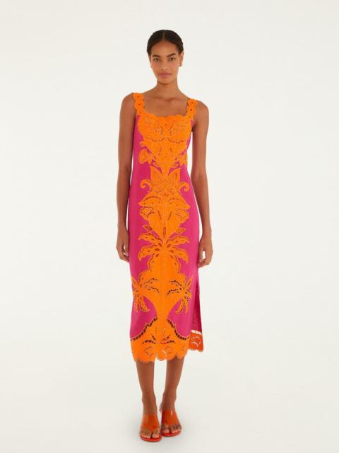 FARM RIO Pinke Cutwork Euroflax Premium Linen Midi Dress