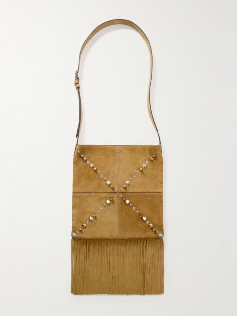 Valentino Fringed Studded Suede Shoulder Bag Brown