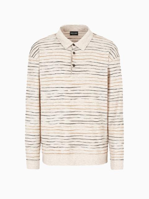 Long-sleeved polo shirt in linen, cotton and viscose jersey jacquard