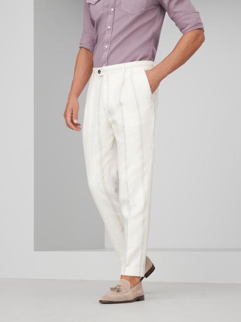 Brunello Cucinelli Linen, wool and silk double chalk stripe leisure fit trousers with pleat
