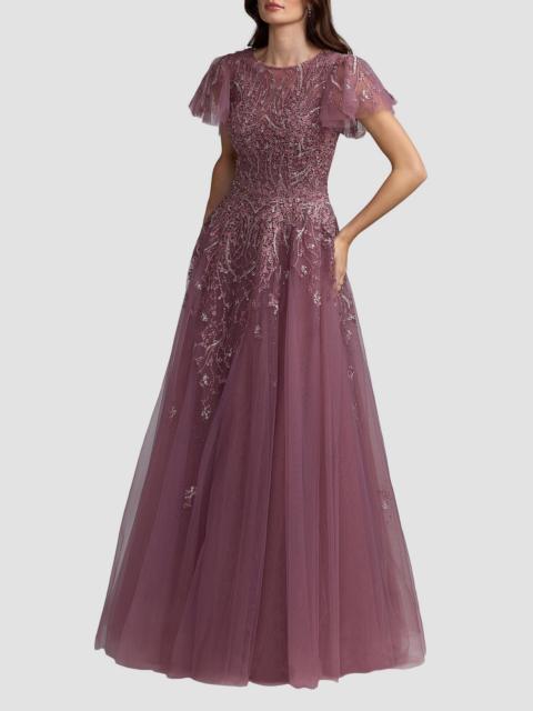 MAC DUGGAL Women's Embroidered Tulle Flutter Sleeve Gown - Wisteria