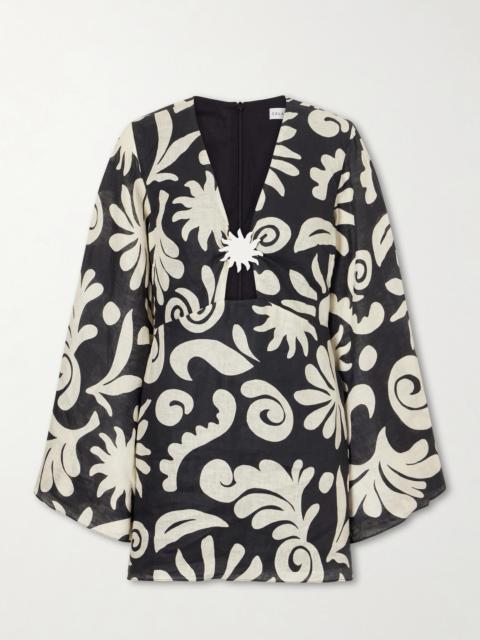 CALA de la CRUZ Vera Embellished Cutout Printed Linen Mini Dress