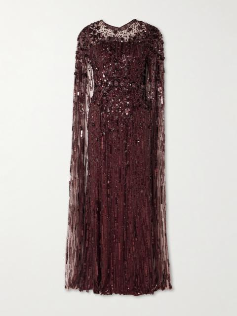 JENNY PACKHAM Ruby Cape-effect Embellished Tulle Gown