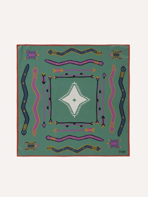 Drake's Olive and Rust Tribal Print Silk Pocket Square