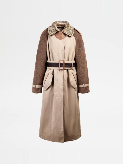 Tod's TRENCH COAT WITH LEATHER INSERTS - GREY