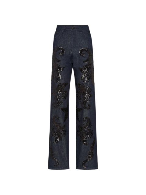 sequin-embellished high-rise wide-leg jeans