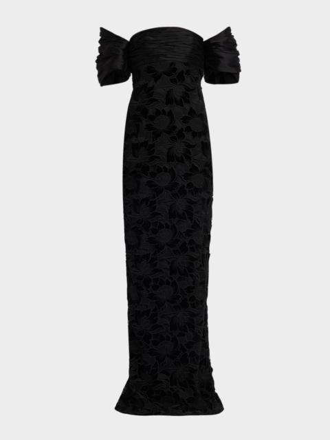 BADGLEY MISCHKA Floral Guipure Off-the-Shoulder Gown