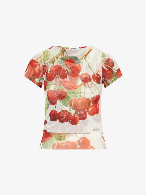 House of Sunny Cherry-Print Double-Layer Stretch-Woven Top