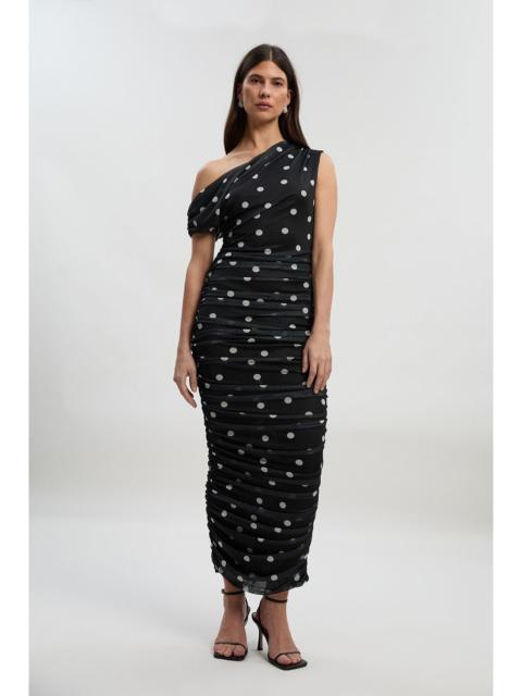KAREN MILLEN Polka Dot Mesh One Shoulder Ruched Midi Dress