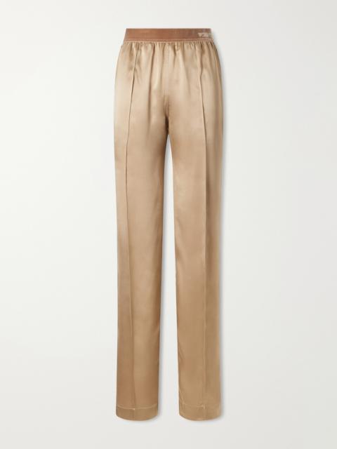 TOM FORD Logo-embroidered Velvet-trimmed Silk-satin Straight-leg Pants