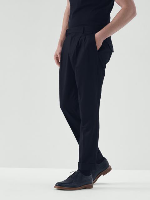 Virgin wool flannel leisure fit trousers with double pleats and tabbed waistband