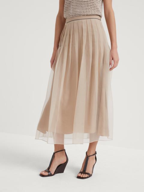 Crispy silk pleated midi skirt with shiny waistband