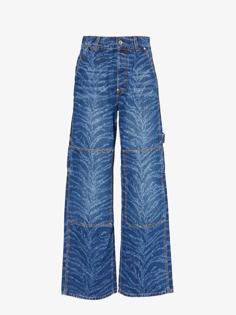 Abstract-print straight-leg mid-rise jeans