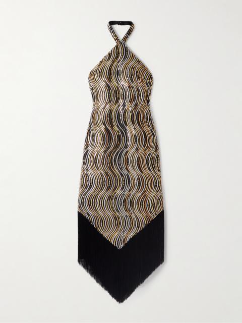 Taller Marmo Nina Flapper Fringed Sequin-embellished Mesh Halterneck Midi Dress