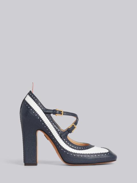 Thom Browne Navy Pebble Grain Leather 105mm Block Heel Brogued Criss Cross Thom John