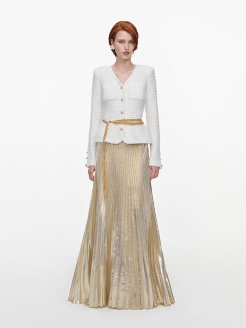 self-portrait Cream Textured Knit Metallic Chiffon Maxi Dress
