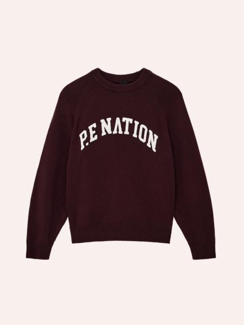 P.E NATION LEGACY KNIT CREW IN MAHOGANY & WHISPER WHITE