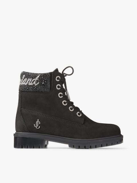 JIMMY CHOO X TIMBERLAND 6 INCH CRYSTAL CUFF BOOT
Black Timberland Nubuck Ankle Boots with Crystal Lo