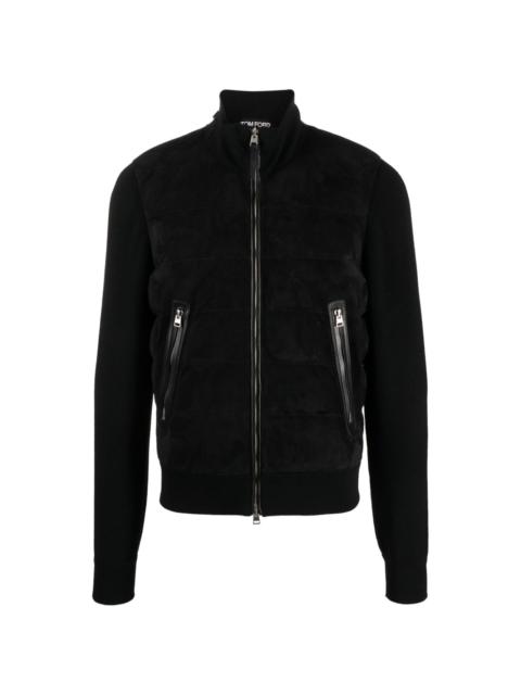 suede-panelled knitted bomber jacket