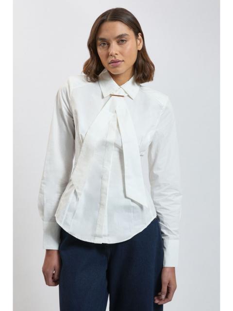 KAREN MILLEN Cotton Poplin Tie Neck Trim Detail Collared Shirt