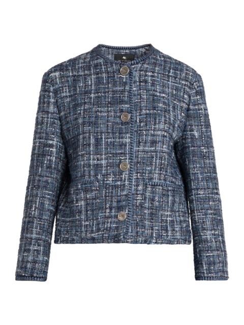 Etro Women's Tweed Round Neck Jacket - Multicolor Blue Base