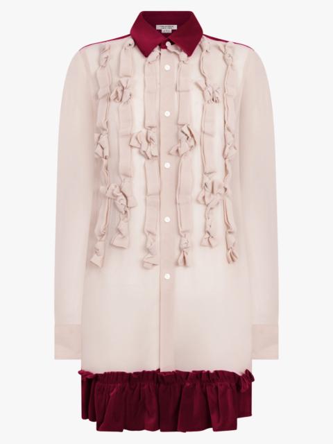 Comme Des Garçons BOW EMBELLISH L/S SHIRT WITH VELVET RUFFLE HEM | BEIGE/BURGUNDY