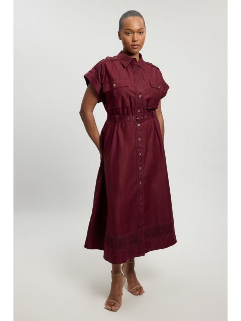 KAREN MILLEN Plus Size Cotton Sateen With Lace Trim Pocket Detail Shirt Dress
