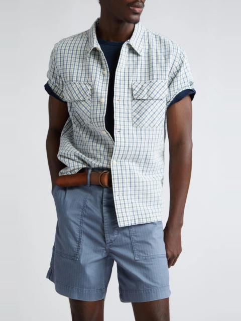 RRL by Ralph Lauren Check Short Sleeve Cotton & Linen Button-Up Shirt in Indigo/Creme