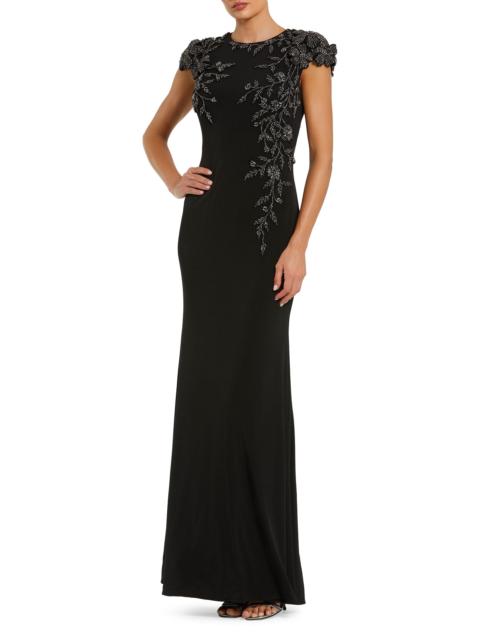 MAC DUGGAL Women's Bead-Embellished Floral-Appliquéd Jersey Gown - Black Multi