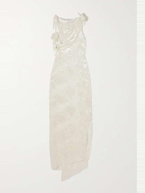 Asymmetric appliquéd metallic fil coupé voile dress