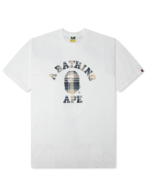A BATHING APE® BAPE CHECK COLLEGE TEE - WHITE/BLUE