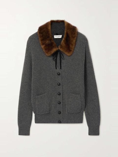 SAINT LAURENT Ribbed faux fur-trimmed camel hair cardigan