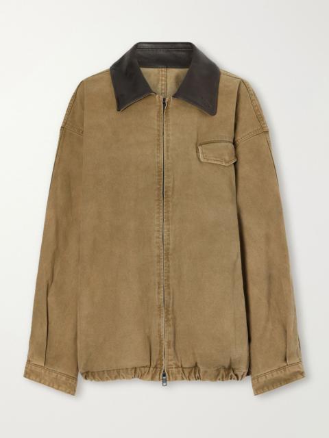 ssstein Gathered washed leather-trimmed cotton-whipcord jacket Army green