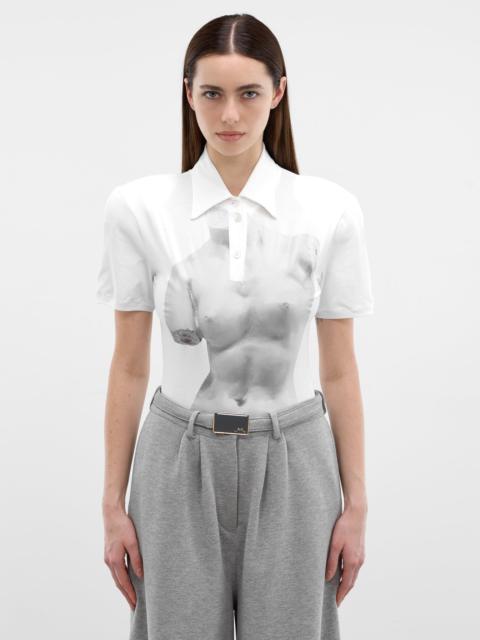 ROWEN ROSE White Printed Shoulder Pads Bodysuit