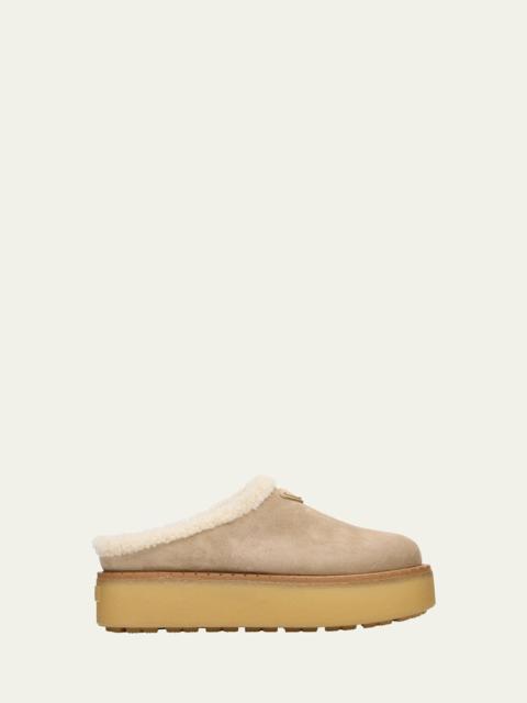 Prada Suede Shearling Cozy Platform Mules