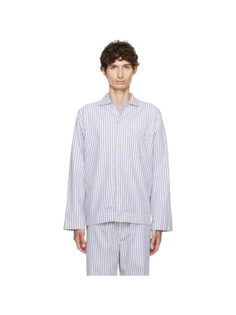 TEKLA White & Blue Poplin Long-Sleeved Pyjama Shirt