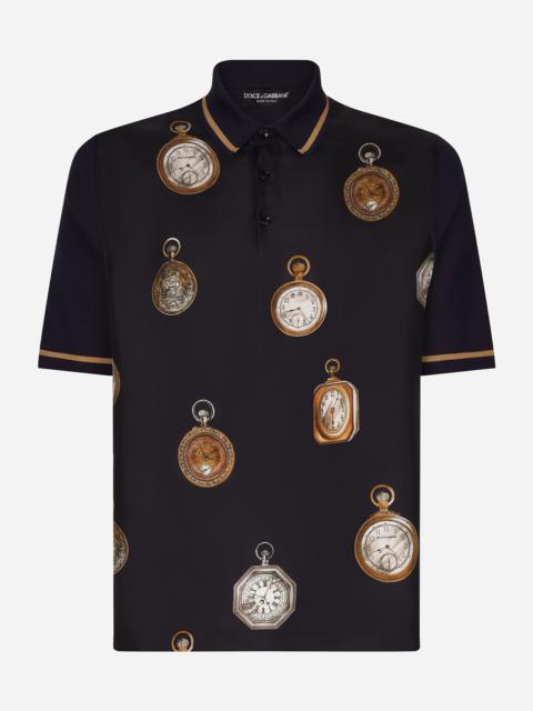 Watch-print silk polo-shirt