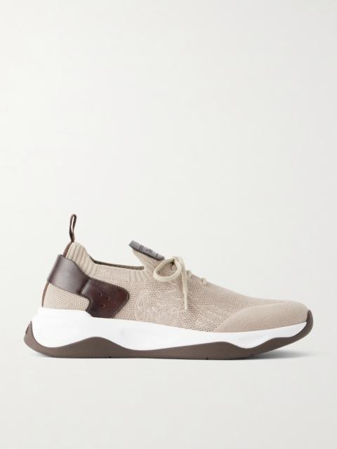 Berluti Shadow Leather-Trimmed Stretch-Knit Sneakers