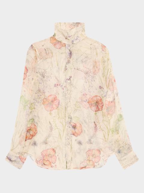 Alexander McQueen Floral-Print Silk Organza Collared Blouse