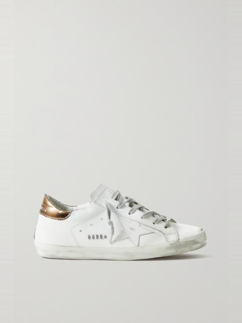 Superstar faux pearl-embellished distressed leather sneakers