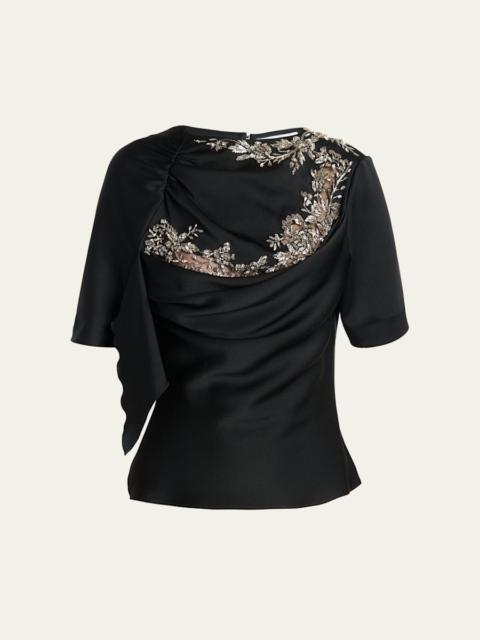 Alexander McQueen Embroidered Lace Draped Silk Top