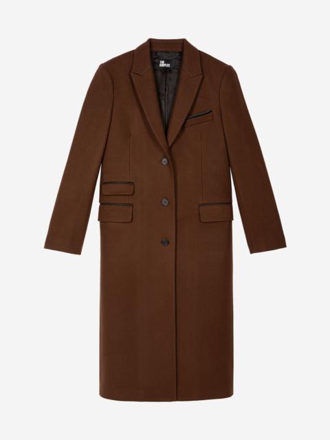 The Kooples LONG WOOL COAT WITH BROWN LEATHER DETAILS